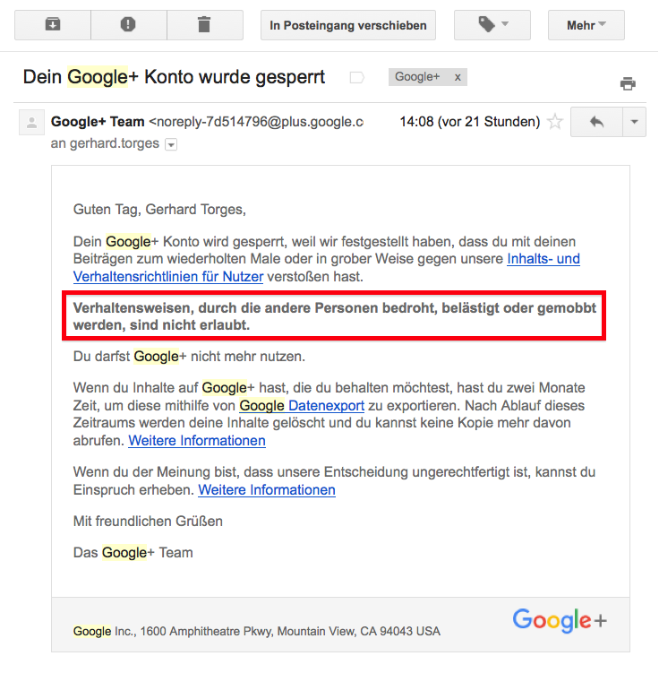 Mail von Google betreffs Löschung